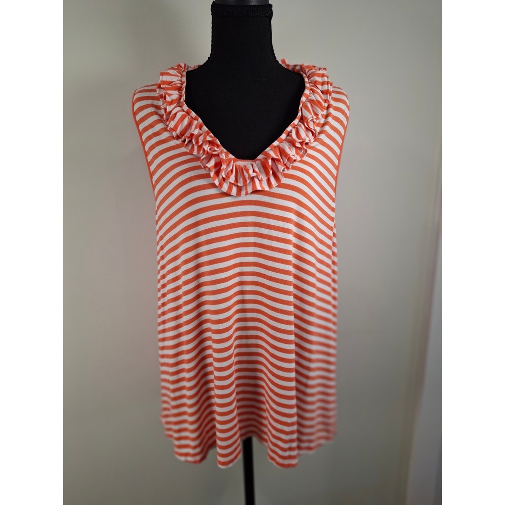 Crown & Ivy Coral White Striped Ruffle V-Neck Sleeveless Top XL